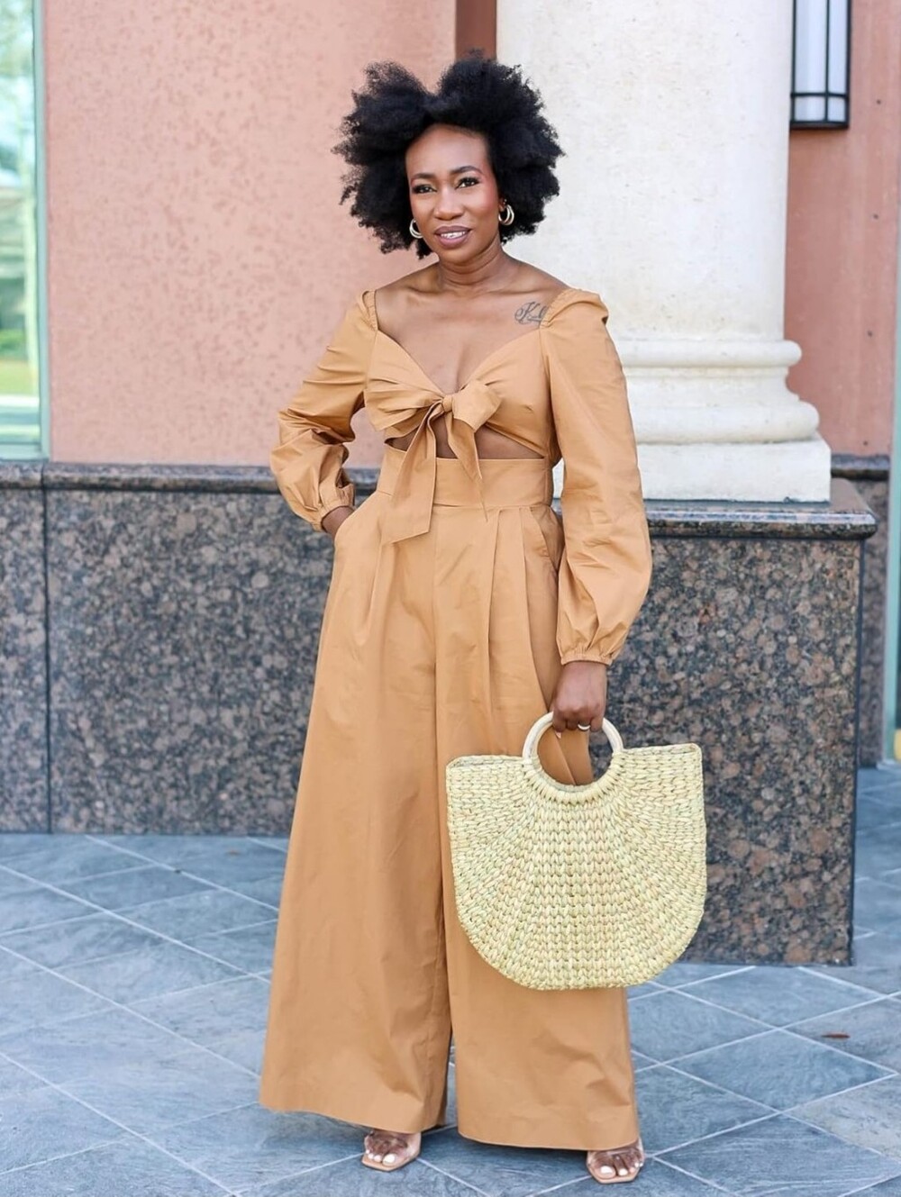 Kass_Stylz Brown Sugar L/S Tie-Front Square-Neck Jumpsuit in Camel